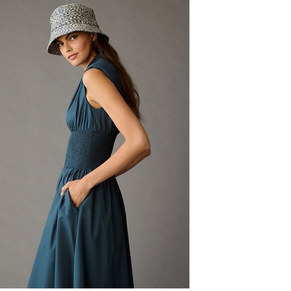 Anthropologie The Tommie Cap-Sleeve Smocked Front-Zip Shirt Dress XS blue new - Picture 2 of 9